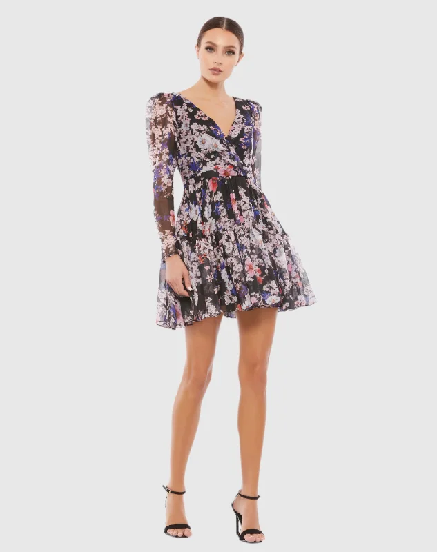 Floral Print Faux Wrap Long Sleeve Mini Dress - FINAL SALE Chic Tropical Mini Dress