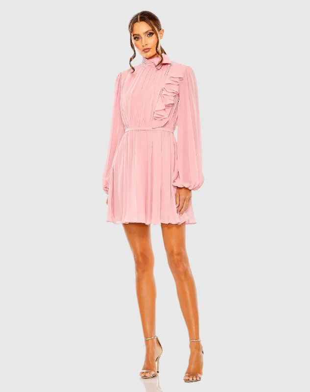 Draped High Neck Long Sleeve Mini Dress Chic Mini Dress with V-Neck