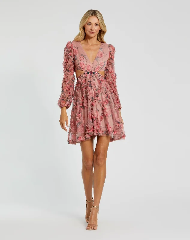 Long Sleeve V-neck Cut Out Mini Dress Classic Floral Print Mini Dress