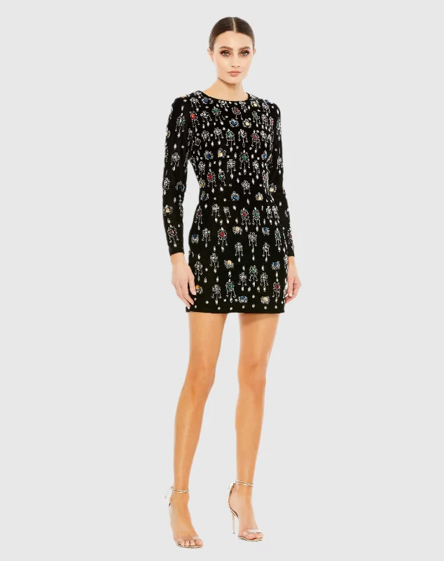 Gem Embellished Velvet Long Sleeve Mini Dress Elegant Mini Dress with Ruffles