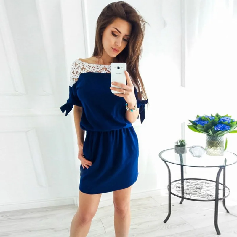 Hollow Out Bow Pockets Lace Patchwork Summer Dress Women's Fashion Batwing Sleeve O-Neck Casual Loose Mini Dresses 2022 Elegant Lace Mini Dress Hollow Out Bow Pockets Lace Patchwork Summer Dress Women's Fashion Batwing Sleeve O-Neck Casual Loose Mini Dresses 2022 Elegant Lace Mini Dress