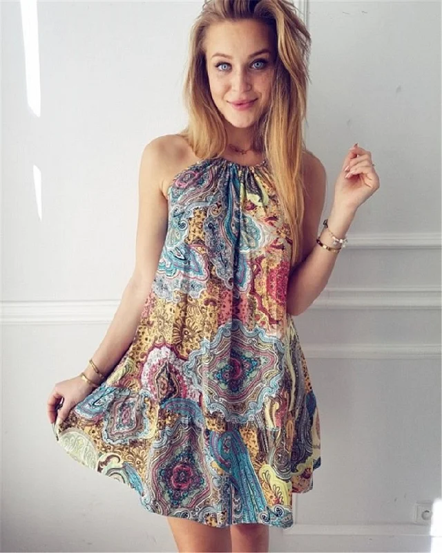 Summer Hippie Boho Beach Dress Women Sexy Sleeveless Dress Halter Spaghetti Strap Vintage Dress Print Mini Dress Vestidos Stylish Short-Sleeve Mini Dress Summer Hippie Boho Beach Dress Women Sexy Sleeveless Dress Halter Spaghetti Strap Vintage Dress Print Mini Dress Vestidos Stylish Short-Sleeve Mini Dress