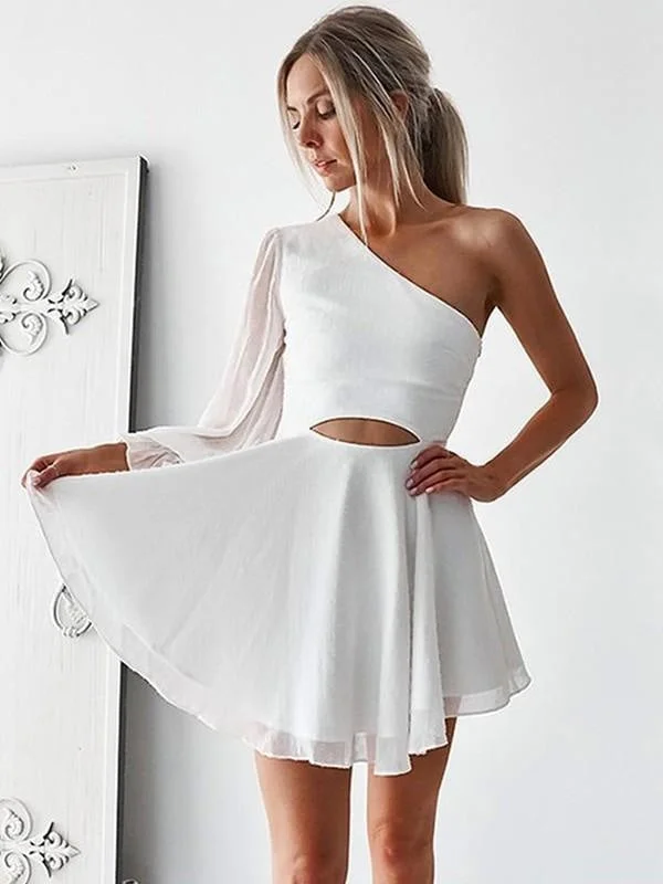 Bridelily A-Line Chiffon One-Shoulder Long Sleeves With Ruffles Short/Mini Dresses Trendy A-Line Mini Dress Bridelily A-Line Chiffon One-Shoulder Long Sleeves With Ruffles Short/Mini Dresses Trendy A-Line Mini Dress