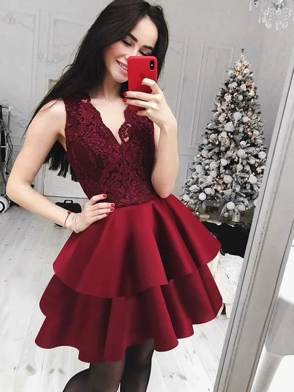 Bridelily A-Line Lace V-Neck Sleeveless Satin Short/Mini Dresses Stylish Ruffle Mini Dress Bridelily A-Line Lace V-Neck Sleeveless Satin Short/Mini Dresses Stylish Ruffle Mini Dress