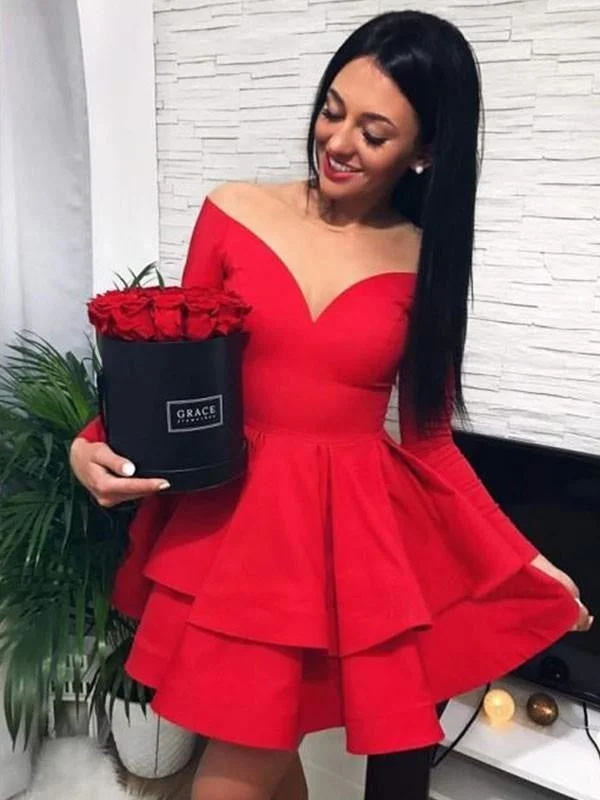 Bridelily A-Line Satin Off-the-Shoulder With Ruffles Long Sleeves Short/Mini Dresses Fashionable Lace Mini Dress Bridelily A-Line Satin Off-the-Shoulder With Ruffles Long Sleeves Short/Mini Dresses Fashionable Lace Mini Dress