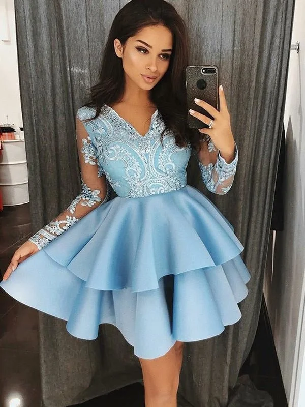 Bridelily A-Line Satin V-Neck Long Sleeves With Applique Short/Mini Dresses Comfortable Casual Mini Dress Bridelily A-Line Satin V-Neck Long Sleeves With Applique Short/Mini Dresses Comfortable Casual Mini Dress