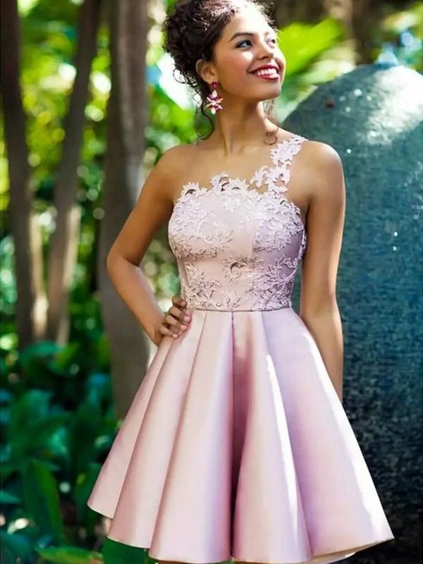 Bridelily A-Line Sleeveless One-Shoulder Satin With Applique Short/Mini Dresses Comfortable Shift Mini Dress