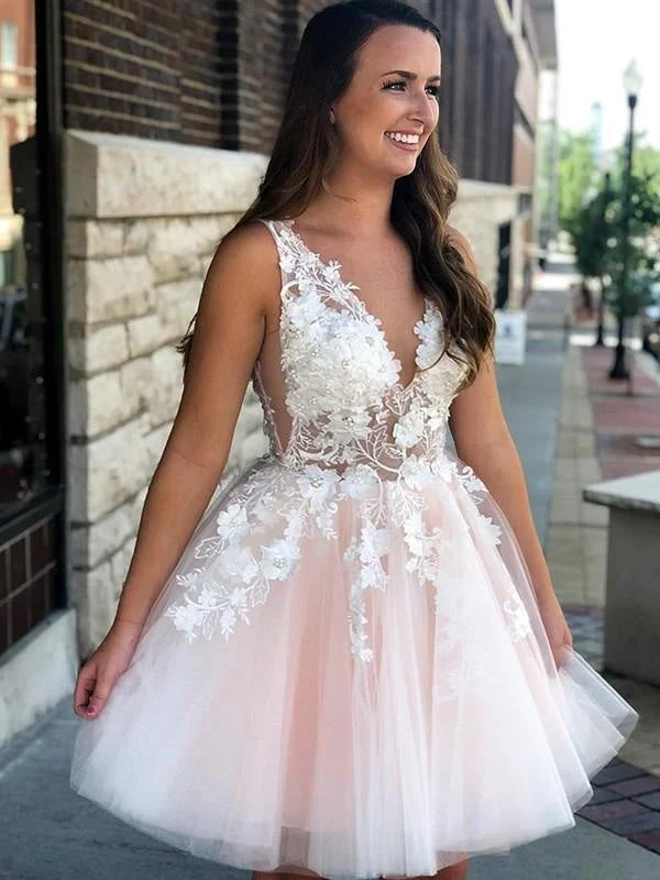 Bridelily A-Line Sleeveless V-neck Tulle With Applique Short/Mini Dresses Elegant Silk Mini Dress
