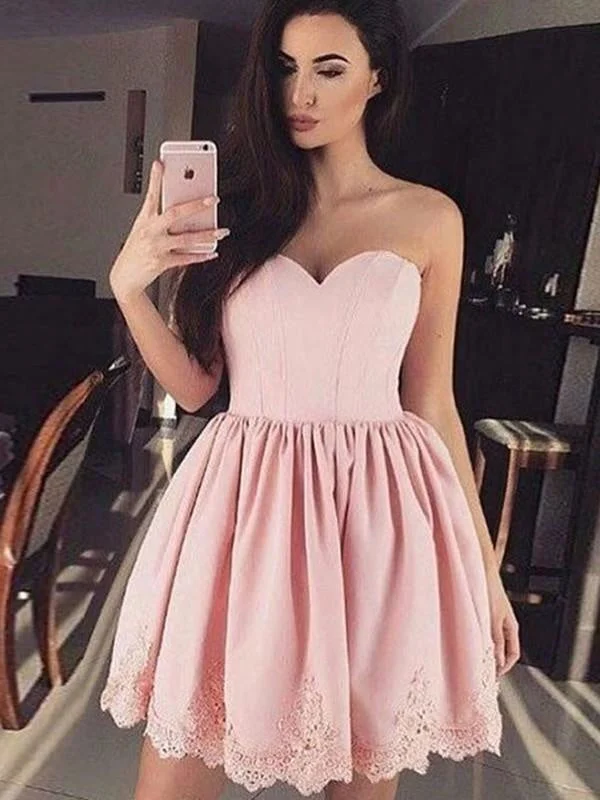 Bridelily A-Line Sweetheart Lace Satin Short/Mini Dresses Elegant Satin Mini Dress