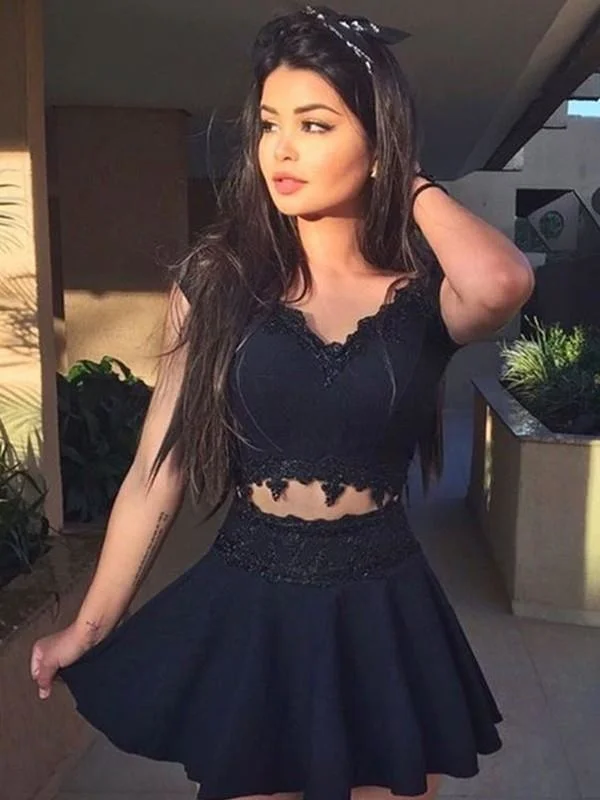Bridelily A-Line V-Neck Sleeveless Lace Satin Two Piece Short/Mini Dresses Fashionable Lace-Trim Mini Dress Bridelily A-Line V-Neck Sleeveless Lace Satin Two Piece Short/Mini Dresses Fashionable Lace-Trim Mini Dress
