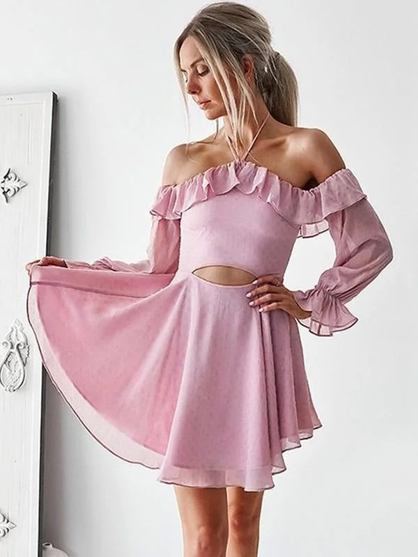 Bridelily A-Line With Ruffles Off-the-Shoulder Chiffon Long Sleeves Short/Mini Dresses Stylish Short-Sleeve Mini Dress Bridelily A-Line With Ruffles Off-the-Shoulder Chiffon Long Sleeves Short/Mini Dresses Stylish Short-Sleeve Mini Dress