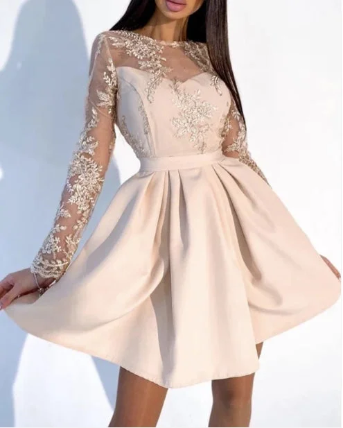 Cute A-Line Mini Dress Champagne Dresses Lace Long Sleeves Bridesmaid Dresses Classic Floral Print Mini Dress