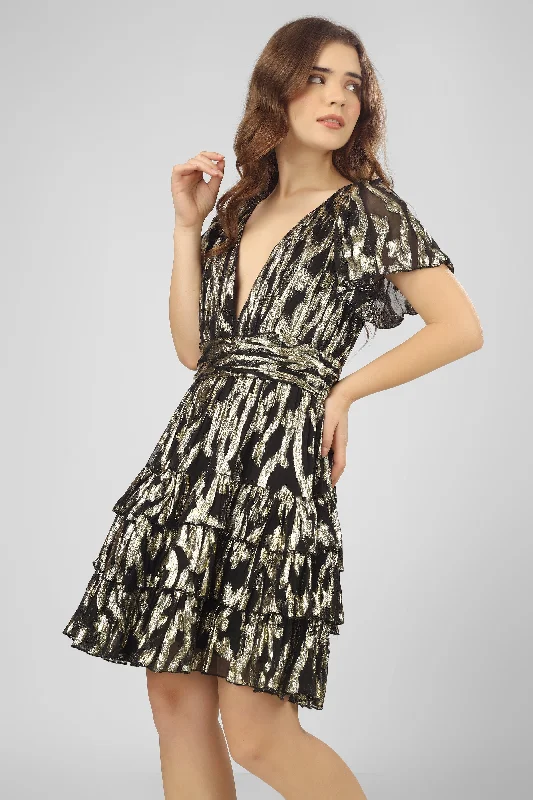 Madison Black Metallic Printed Mini Dress Fashionable Mini Dress with Frills