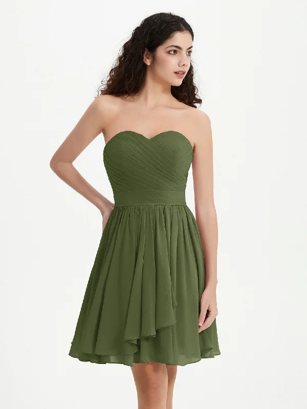 Strapless Sweetheart Neck Mini Dresses-Olive Green Chic Pleated Mini Dress