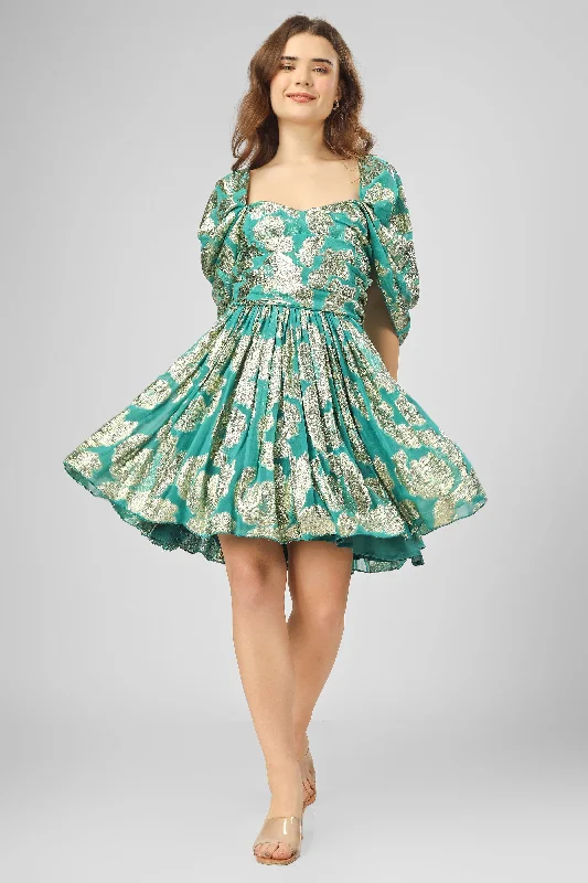 Sydney Metallic Printed Mini Dress in Aqua Green Cozy Wraparound Mini Dress