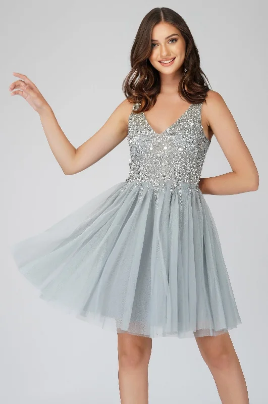 Symphony Light Grey Embellished Mini Dress Cozy Wraparound Mini Dress