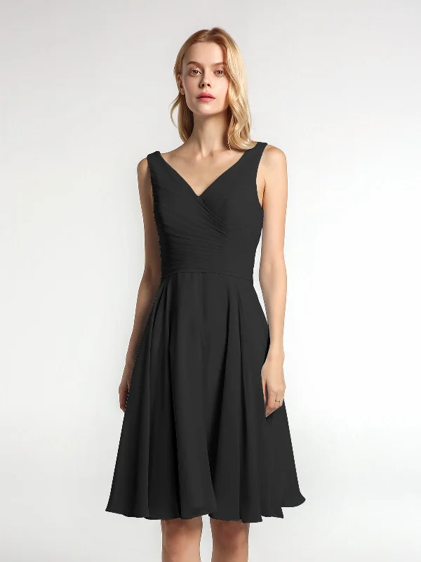 V neck Pleated Bodice Circle Skirt Mini Dress Black Comfortable One-Shoulder Mini Dress V neck Pleated Bodice Circle Skirt Mini Dress Black Comfortable One-Shoulder Mini Dress