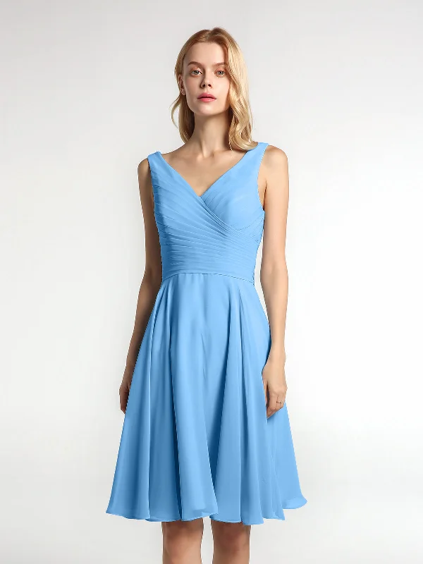 V neck Pleated Bodice Circle Skirt Mini Dress Blue Comfortable Smocked Mini Dress
