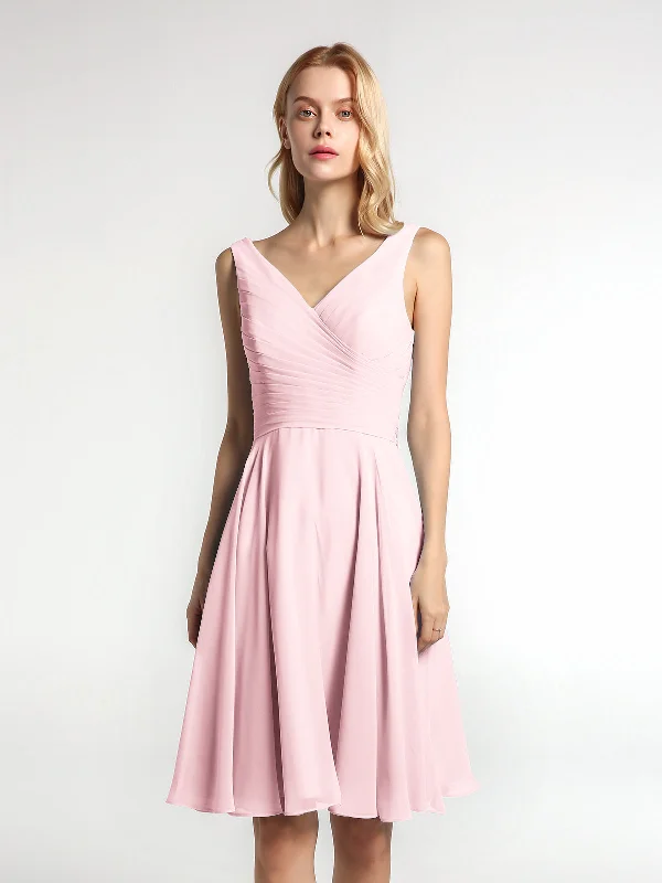 V neck Pleated Bodice Circle Skirt Mini Dress Blushing Pink Casual Button-Up Mini Dress