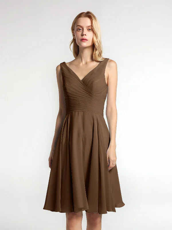 V neck Pleated Bodice Circle Skirt Mini Dress Brown Comfortable Linen Mini Dress