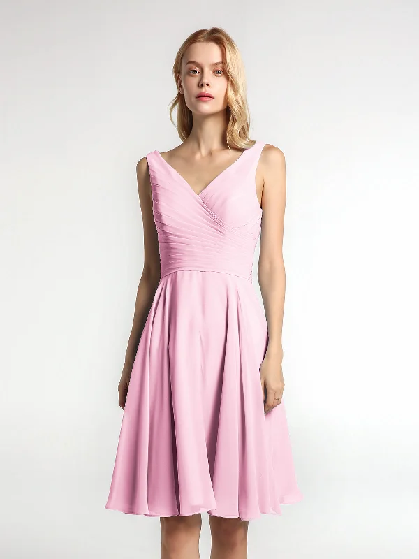V neck Pleated Bodice Circle Skirt Mini Dress Candy Pink Classic Solid Mini Dress