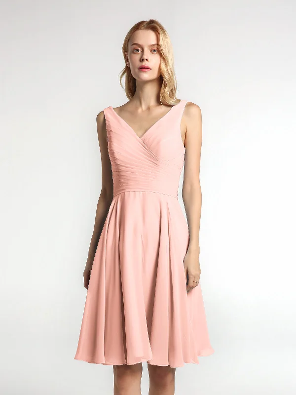 V neck Pleated Bodice Circle Skirt Mini Dress Coral Elegant Tulle Mini Dress