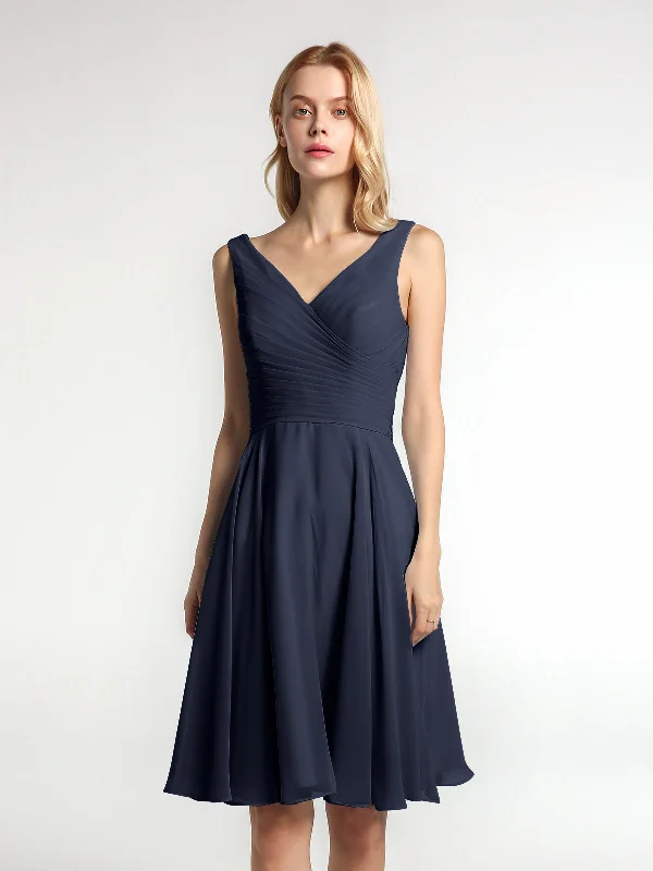 V neck Pleated Bodice Circle Skirt Mini Dress Dark Navy Elegant Silk Mini Dress