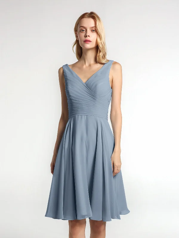 V neck Pleated Bodice Circle Skirt Mini Dress Dusty Blue Elegant Lace-Up Mini Dress