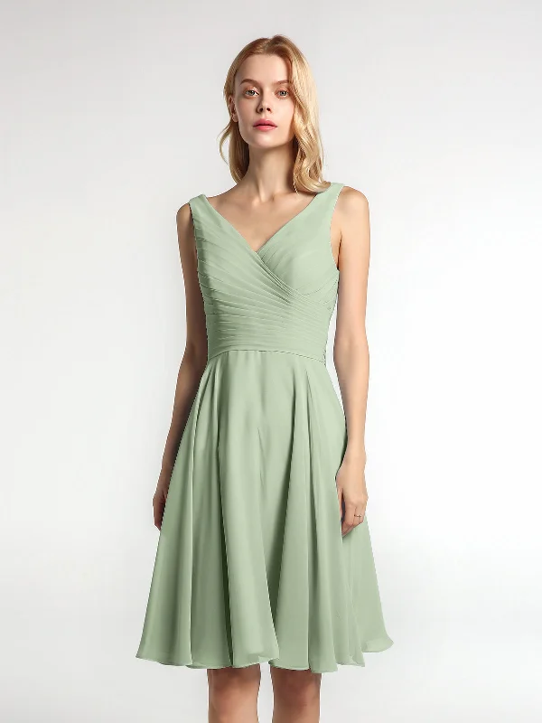 V neck Pleated Bodice Circle Skirt Mini Dress Dusty Sage Elegant Tulle Mini Dress