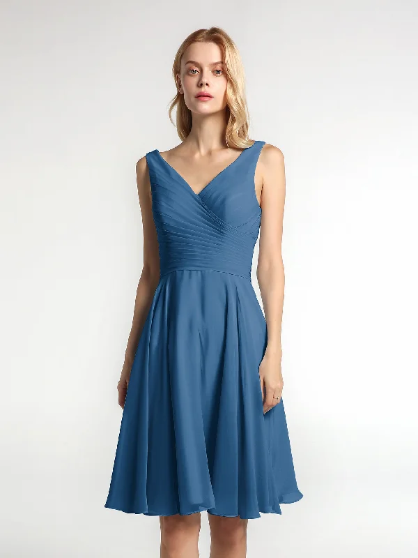 V neck Pleated Bodice Circle Skirt Mini Dress Ink Blue Fashionable A-Line Mini Dress