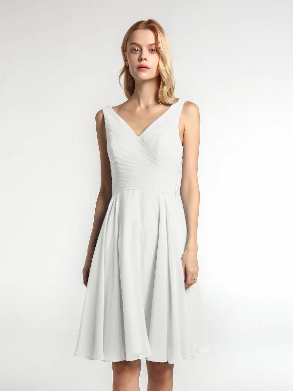 V neck Pleated Bodice Circle Skirt Mini Dress Ivory Stylish Ribbed Mini Dress