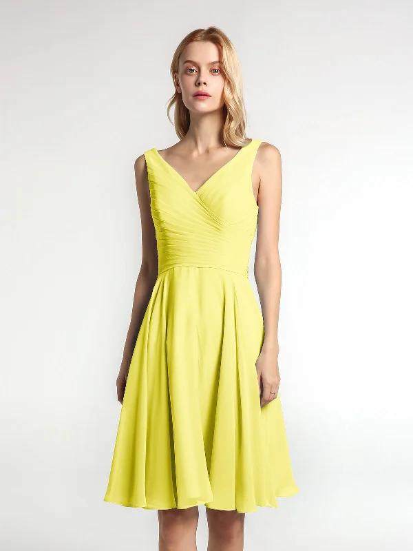 V neck Pleated Bodice Circle Skirt Mini Dress Lemon Elegant Mini Dress with Pleats