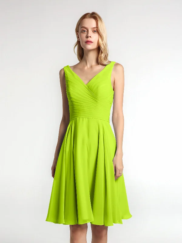 V neck Pleated Bodice Circle Skirt Mini Dress Lime Green Classic Black Mini Dress