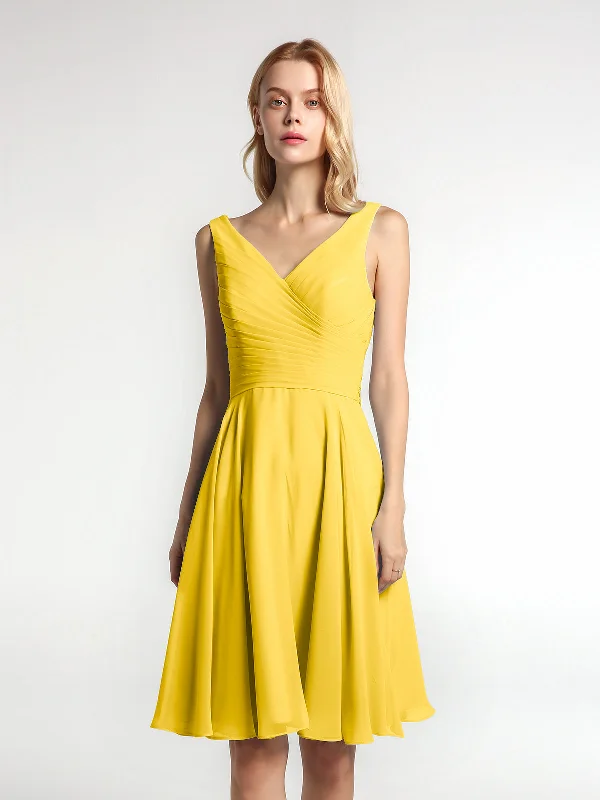 V neck Pleated Bodice Circle Skirt Mini Dress Marigold Elegant Vintage Mini Dress