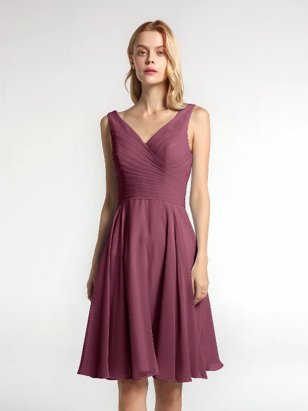 V neck Pleated Bodice Circle Skirt Mini Dress Mulberry Casual Mini Dress with Pockets