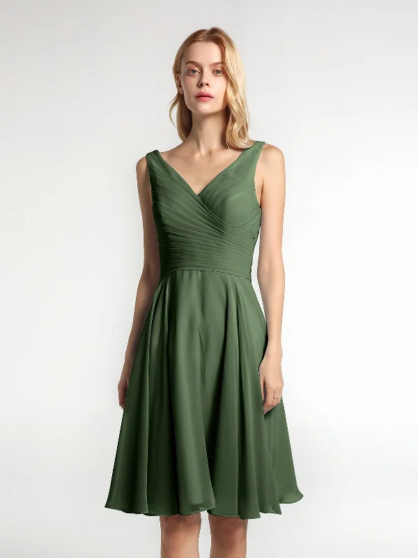 V neck Pleated Bodice Circle Skirt Mini Dress Olive Green Cozy A-Line Mini Dress