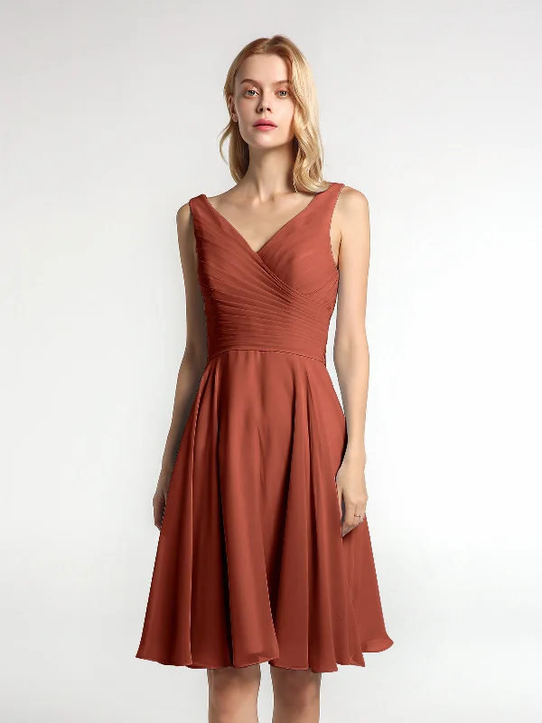 V neck Pleated Bodice Circle Skirt Mini Dress Rust Stylish Plaid Mini Dress
