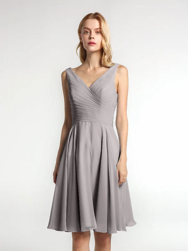 V neck Pleated Bodice Circle Skirt Mini Dress Silver Comfortable Bodycon Mini Dress