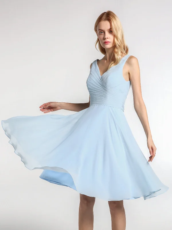 V neck Pleated Bodice Circle Skirt Mini Dress Sky Blue Trendy Mesh Mini Dress