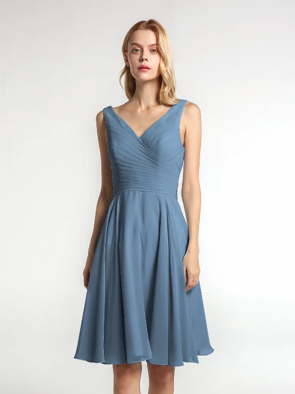 V neck Pleated Bodice Circle Skirt Mini Dress Slate Blue Trendy Bodycon Mini Dress