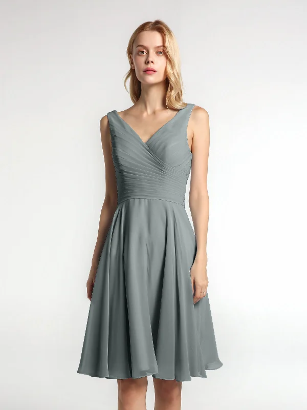 V neck Pleated Bodice Circle Skirt Mini Dress Steel Grey Stylish Short-Sleeve Mini Dress