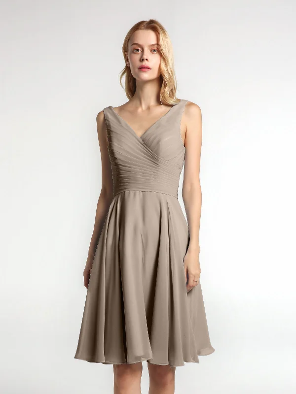 V neck Pleated Bodice Circle Skirt Mini Dress Taupe Trendy Denim Mini Dress