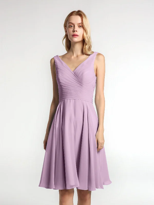 V neck Pleated Bodice Circle Skirt Mini Dress Wisteria Stylish Puff Sleeve Mini Dress