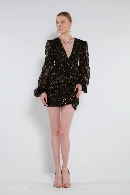 Short V Neck Long Sleeve Mini Dress Fashionable Mini Dress with Pockets