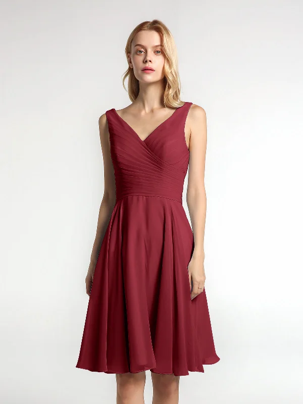 V neck Pleated Bodice Circle Skirt Mini Dress Burgundy Chic Puff Sleeve Mini Dress
