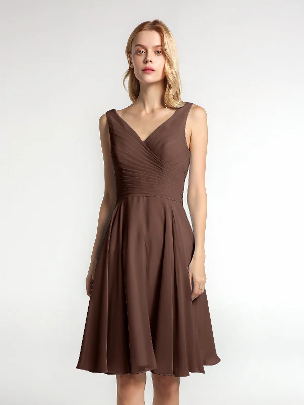 V neck Pleated Bodice Circle Skirt Mini Dress Chocolate Comfortable Boho Mini Dress