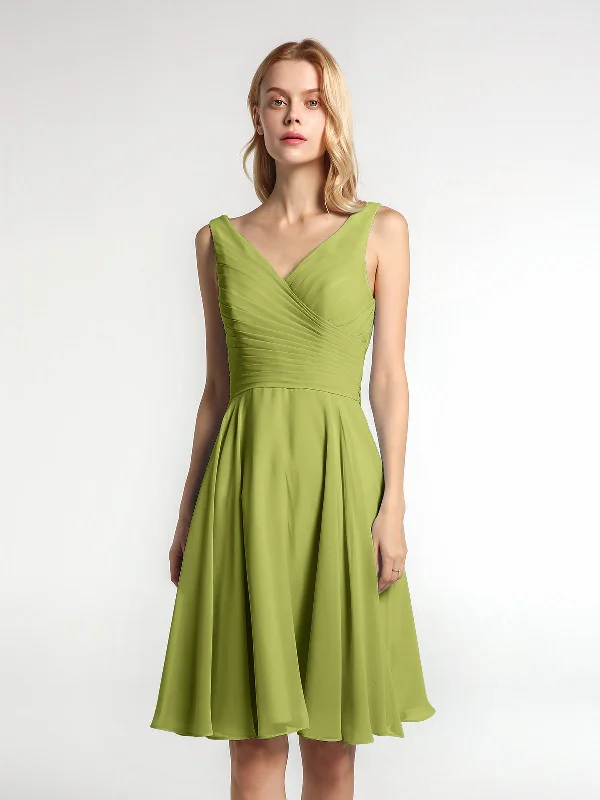 V neck Pleated Bodice Circle Skirt Mini Dress Clover Stylish Sweetheart Neck Mini Dress