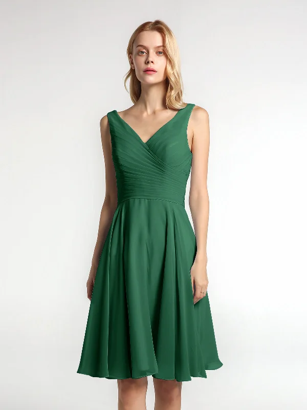 V neck Pleated Bodice Circle Skirt Mini Dress Dark Green Stylish Ruffle Mini Dress