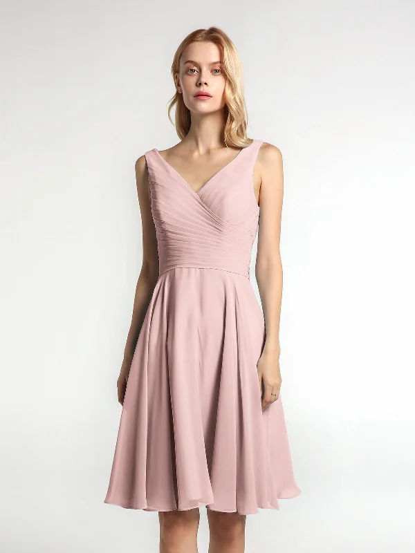 V neck Pleated Bodice Circle Skirt Mini Dress Dusty Rose Modern Satin Mini Dress
