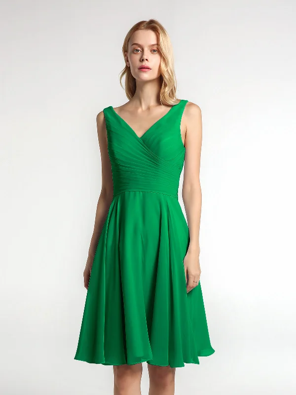 V neck Pleated Bodice Circle Skirt Mini Dress Emerald Casual High-Waist Mini Dress